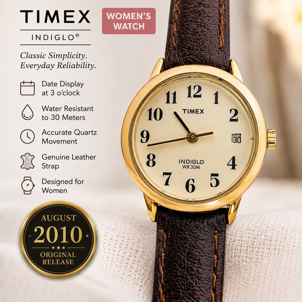 Timex Indiglo Womens Watch Gold Tone Brown Leather Strap Date WR 30M New Battery